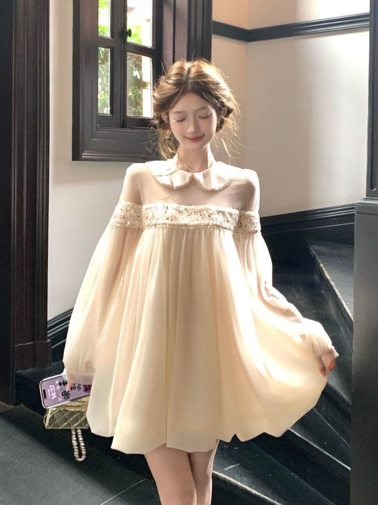 프랑스식 달콤한 스타일 망사 비즈 박기 베이비 칼라 드레스 이른 가을 새로운 외국 가스 슈퍼 요정 루즈핏 슬림해 보이는 꽃밭 치마 상세 이미지 3