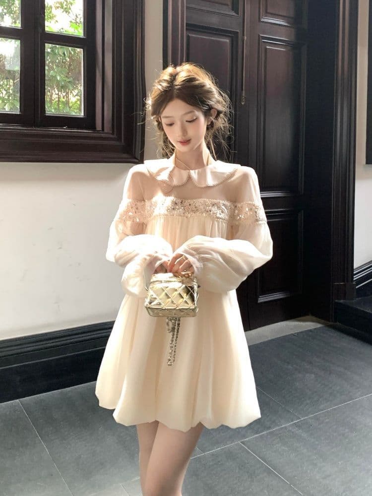 프랑스식 달콤한 스타일 망사 비즈 박기 베이비 칼라 드레스 이른 가을 새로운 외국 가스 슈퍼 요정 루즈핏 슬림해 보이는 꽃밭 치마 상세 이미지 4