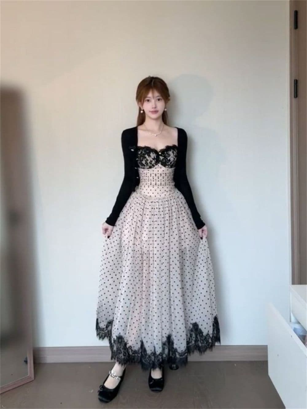 한 부서 천 금빛 바람 검정색 긴팔 오픈 가디건 허리 수축 레이스 도트 무늬 슬립 드레스 가을 새로운 두 조각 여성 세트 상세 이미지 2