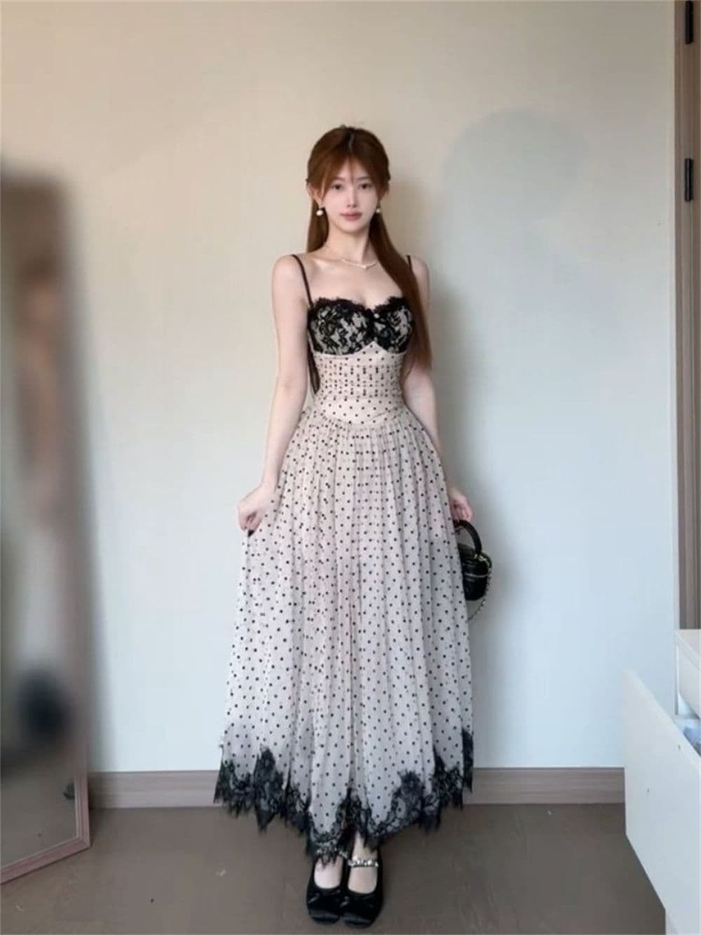 한 부서 천 금빛 바람 검정색 긴팔 오픈 가디건 허리 수축 레이스 도트 무늬 슬립 드레스 가을 새로운 두 조각 여성 세트 상세 이미지 4