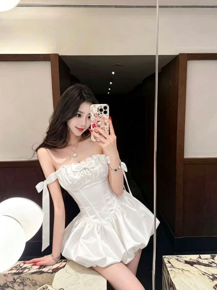 고급 센스 천 금빛 바람 순수한 흰색 새틴 허리 수축 슬림해 보이는 디자인 센스 달콤함 순수한 욕망 작은 대중 퍼프 연령 감소 드레스 이미지 4