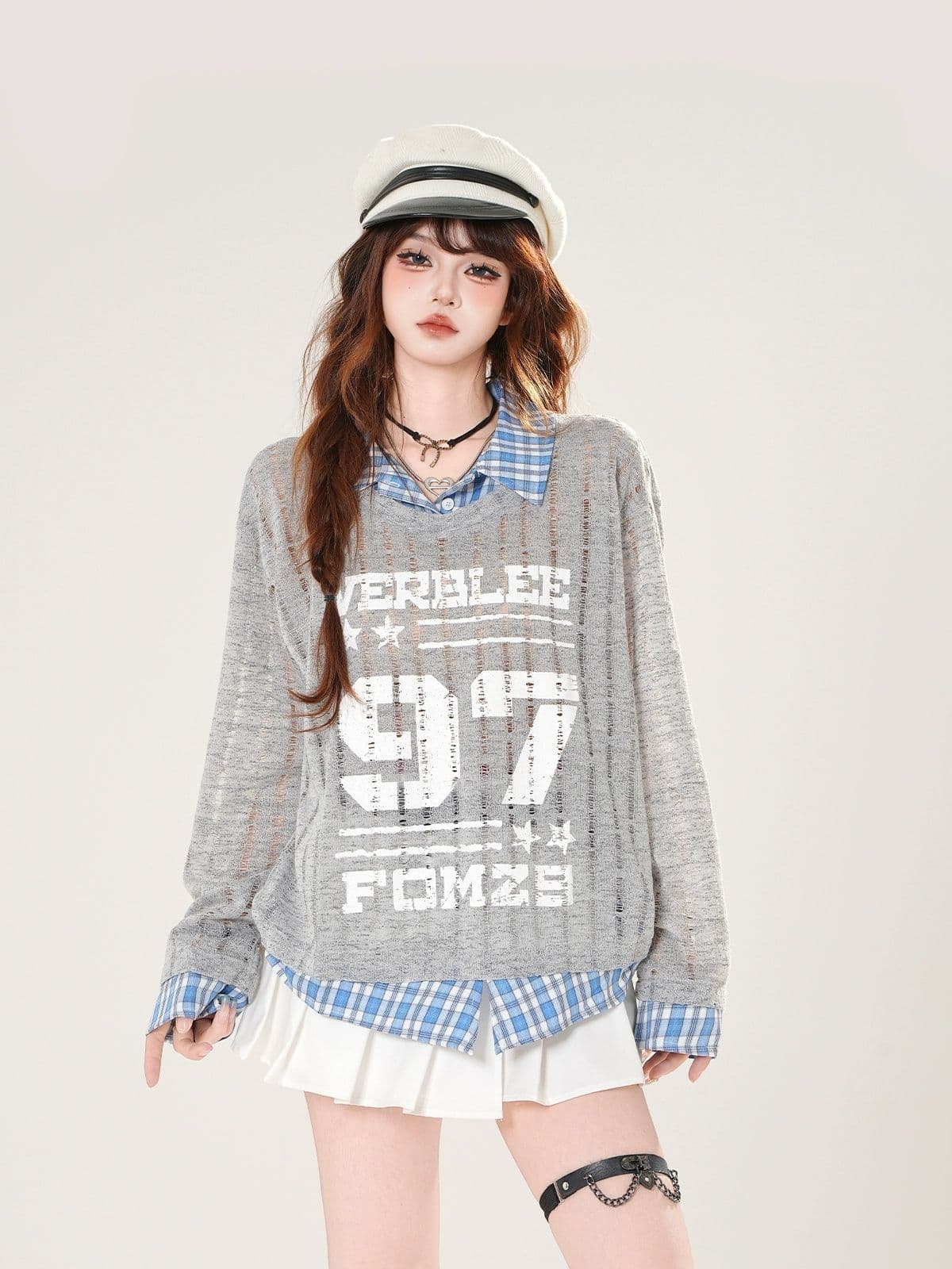 아메리칸 레트로 체크무늬 패치워크 페이크 레이어드 긴팔 티셔츠 블라우스 여성 여름 찢어진 부분 홀로우 아웃 자외선 차단 맨위 이미지 4