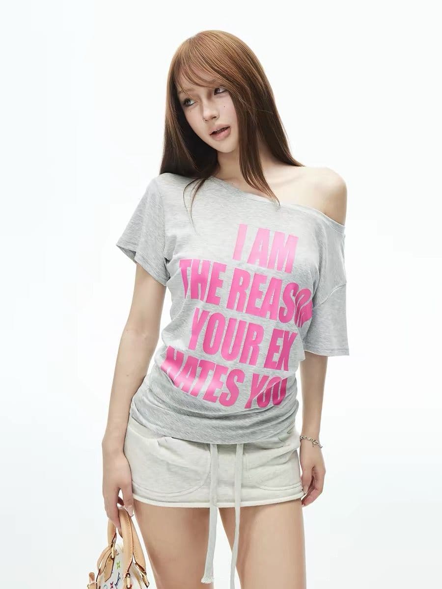 220 그램 92 면 8 암모니아 Lun 아메리칸 핫걸 비스듬한 어깨 알파벳 프린트 반팔 티셔츠 여성