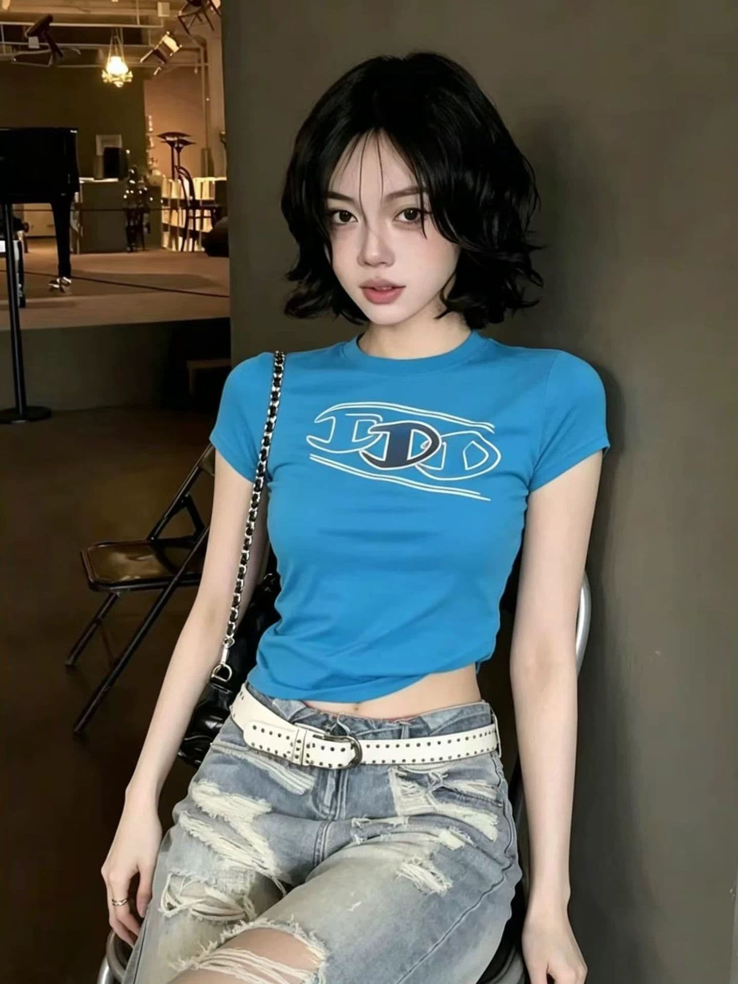 느낌 있음 신축성 프린트 몸매 가꾸기 허리 수축 반팔 티셔츠 여성 이미지 3