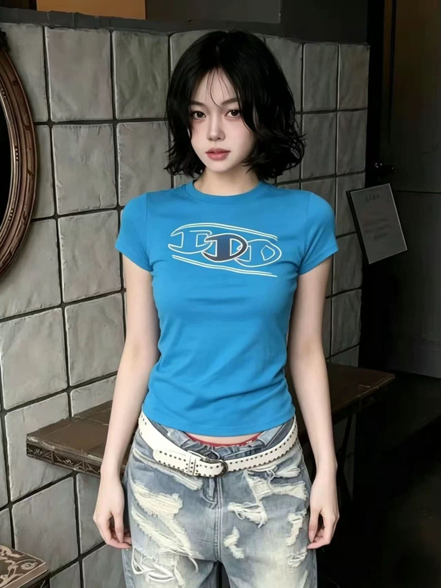 느낌 있음 신축성 프린트 몸매 가꾸기 허리 수축 반팔 티셔츠 여성 이미지 4