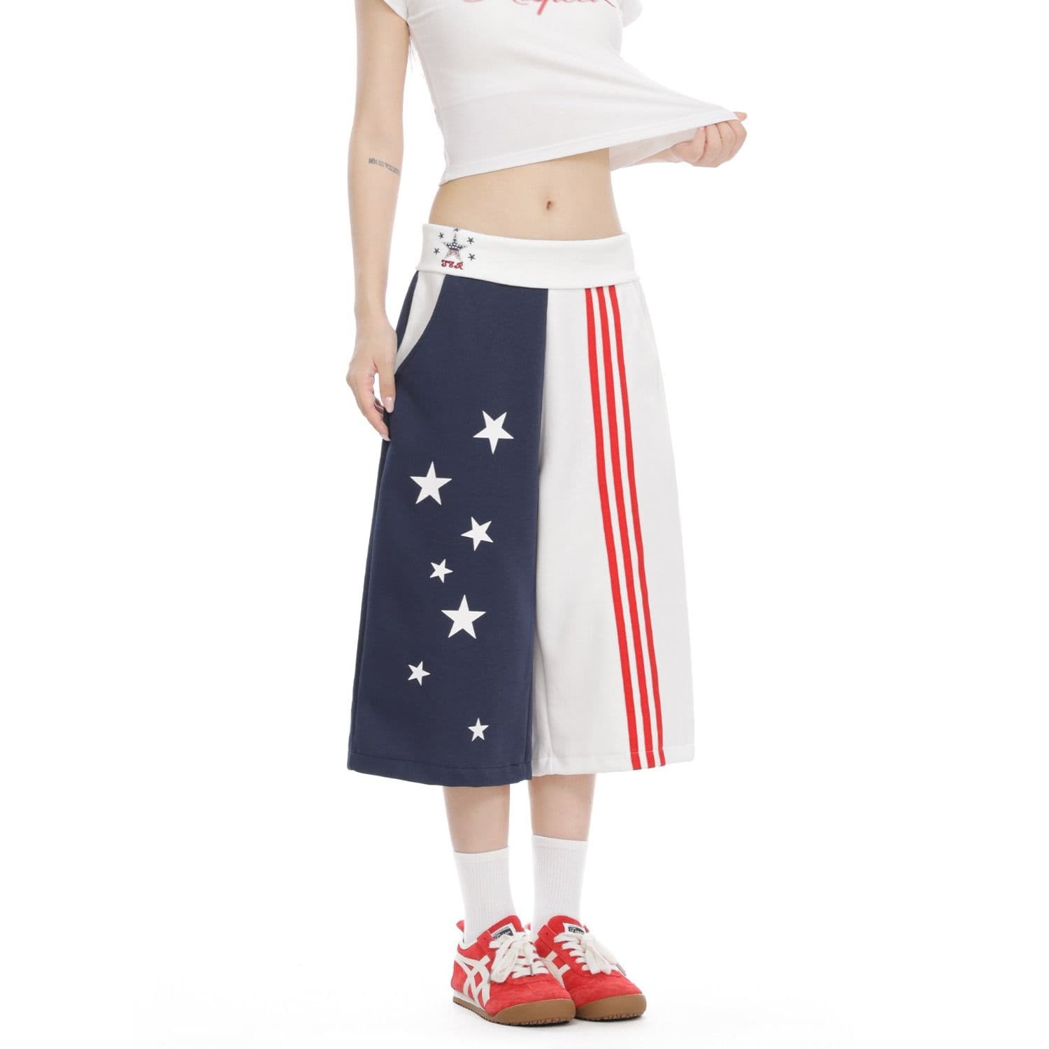 아메리칸 뒤집다 허리 패치워크 배색 배너 프린트 7 점 웨이 바지 남녀 디자인 센스 반바지 이미지 2