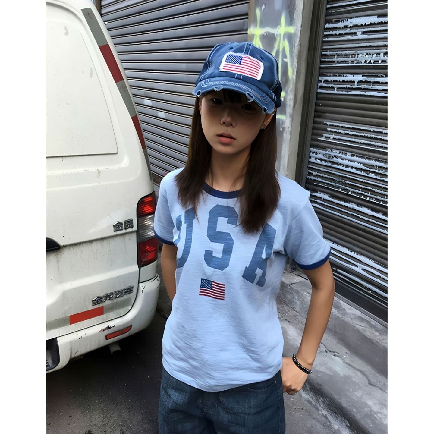 아메리칸 레트로 알파벳 프린트 패치워크 반팔 티셔츠 여름 이미지 3