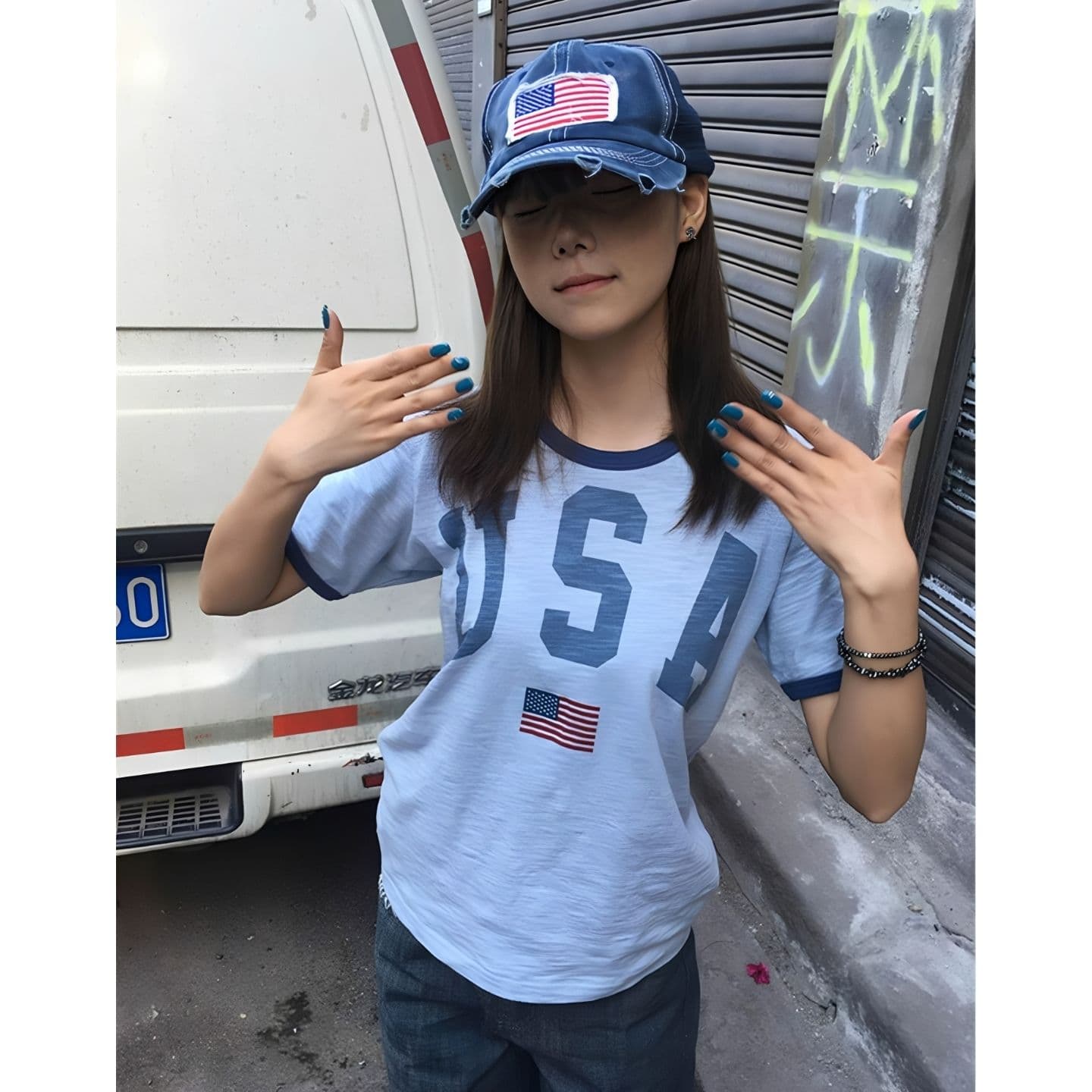아메리칸 레트로 알파벳 프린트 패치워크 반팔 티셔츠 여름