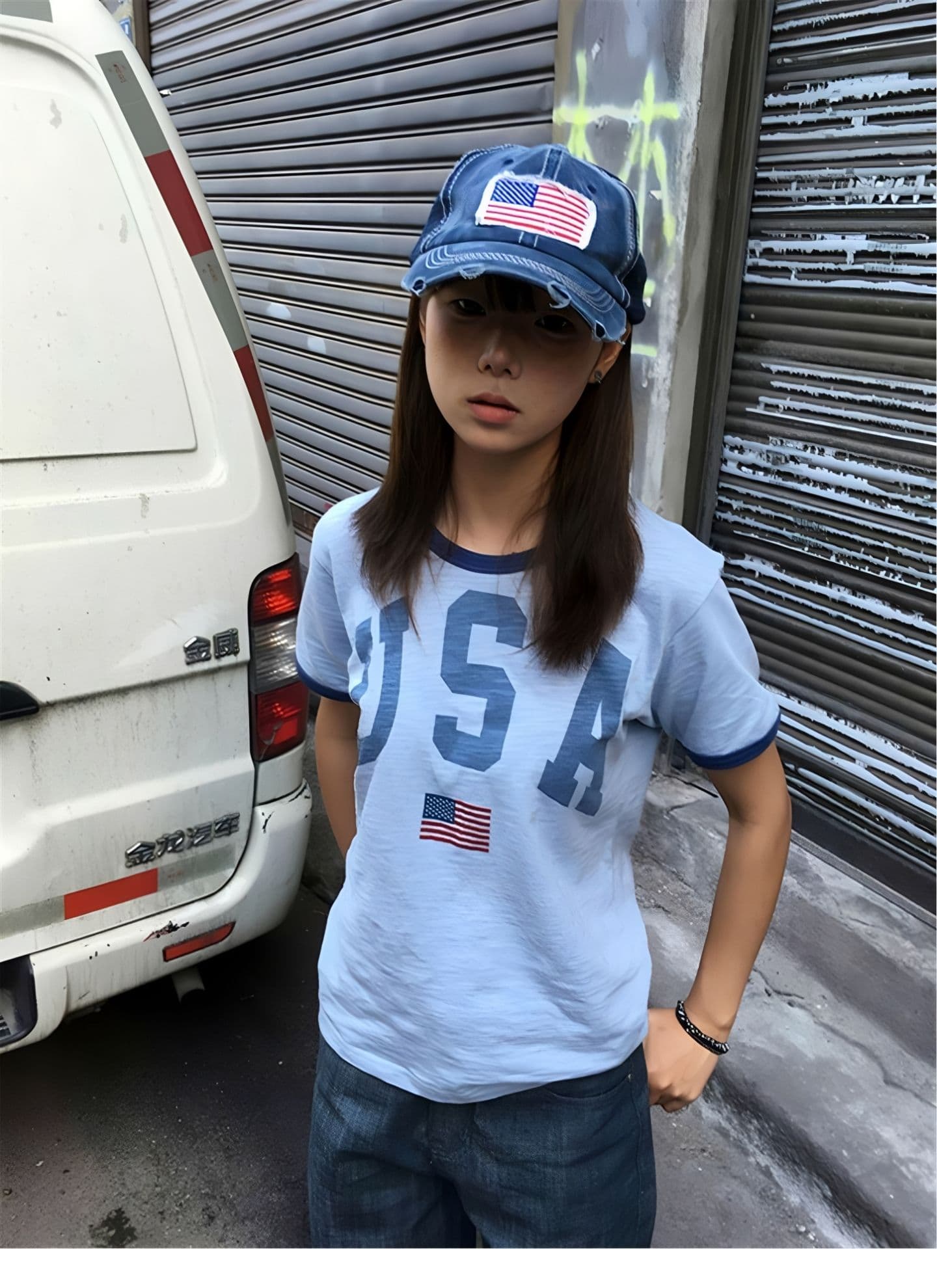 아메리칸 레트로 알파벳 프린트 패치워크 반팔 티셔츠 여름 상세 이미지 4