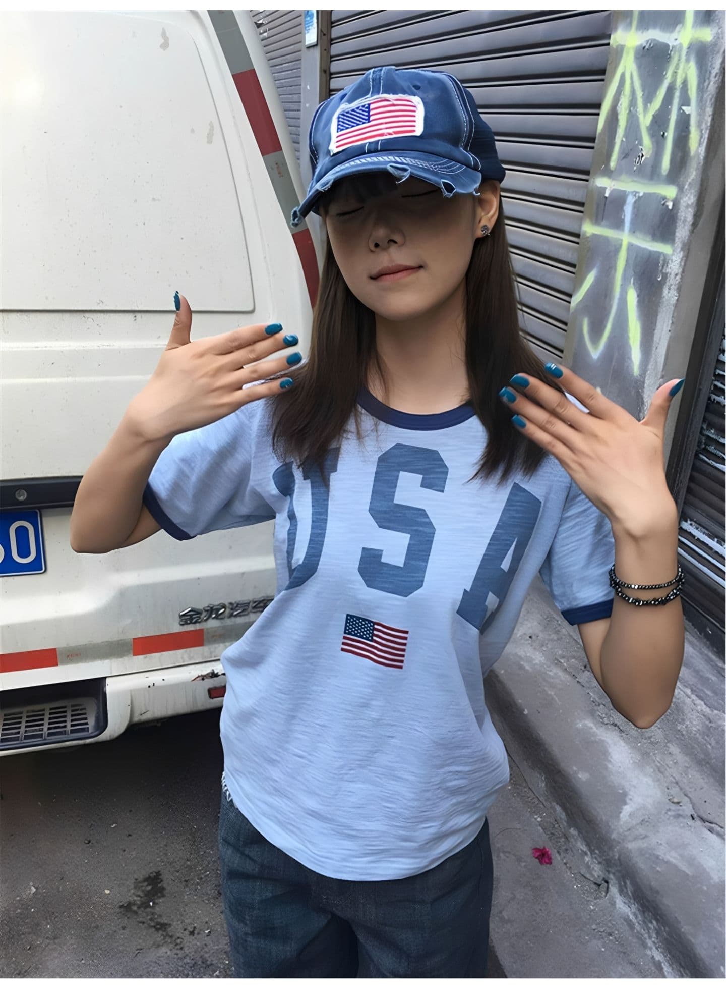 아메리칸 레트로 알파벳 프린트 패치워크 반팔 티셔츠 여름 상세 이미지 5
