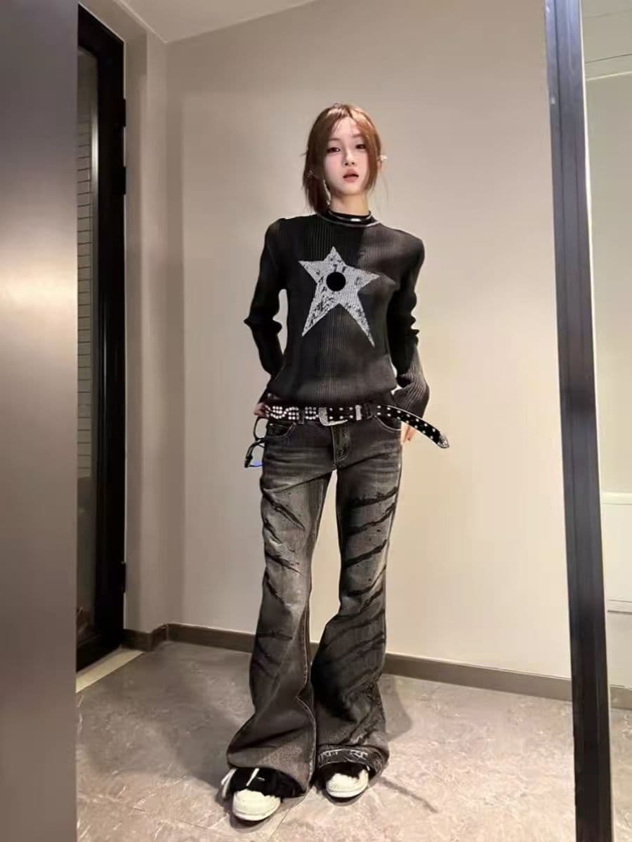 아메리칸 레트로 De 플러시 별 프린트 긴팔 티셔츠 여성 가을 검정색 니트 스웨터 몸매 가꾸기 슬림해 보이는 쇼트 스타일 맨위 이미지 3