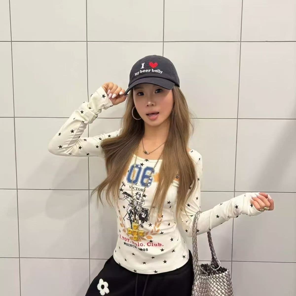 아메리칸 레트로 핫걸 별 전체 인쇄 긴팔 티셔츠 여성 가을 몸매 가꾸기 슬림해 보이는 허리 수축 아름다운 기본 셔츠 맨위 이미지 4
