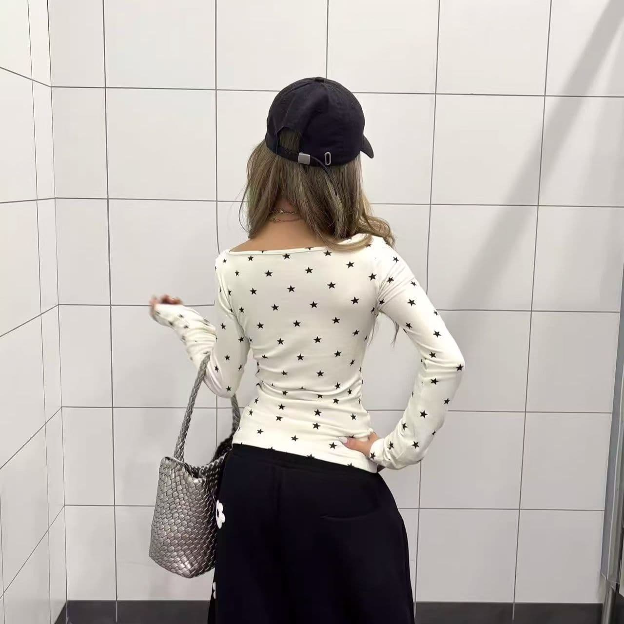 아메리칸 레트로 핫걸 별 전체 인쇄 긴팔 티셔츠 여성 가을 몸매 가꾸기 슬림해 보이는 허리 수축 아름다운 기본 셔츠 맨위 이미지 3