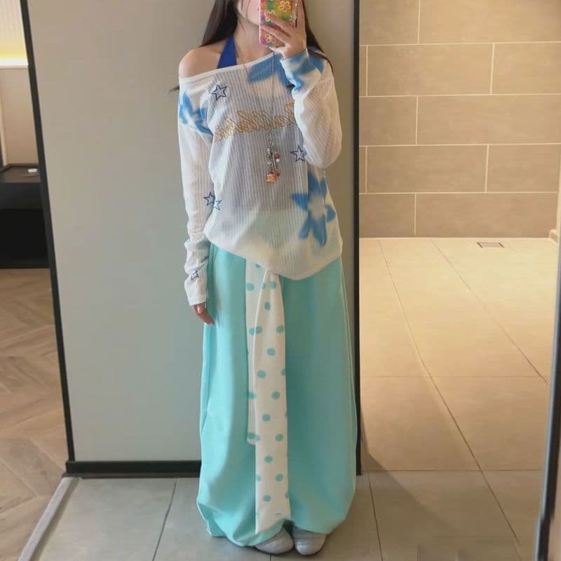 아메리칸 도파민 배색 도트 무늬 스트랩 패치워크 넓은 다리 루즈핏 캐주얼 바지 상세 이미지 5