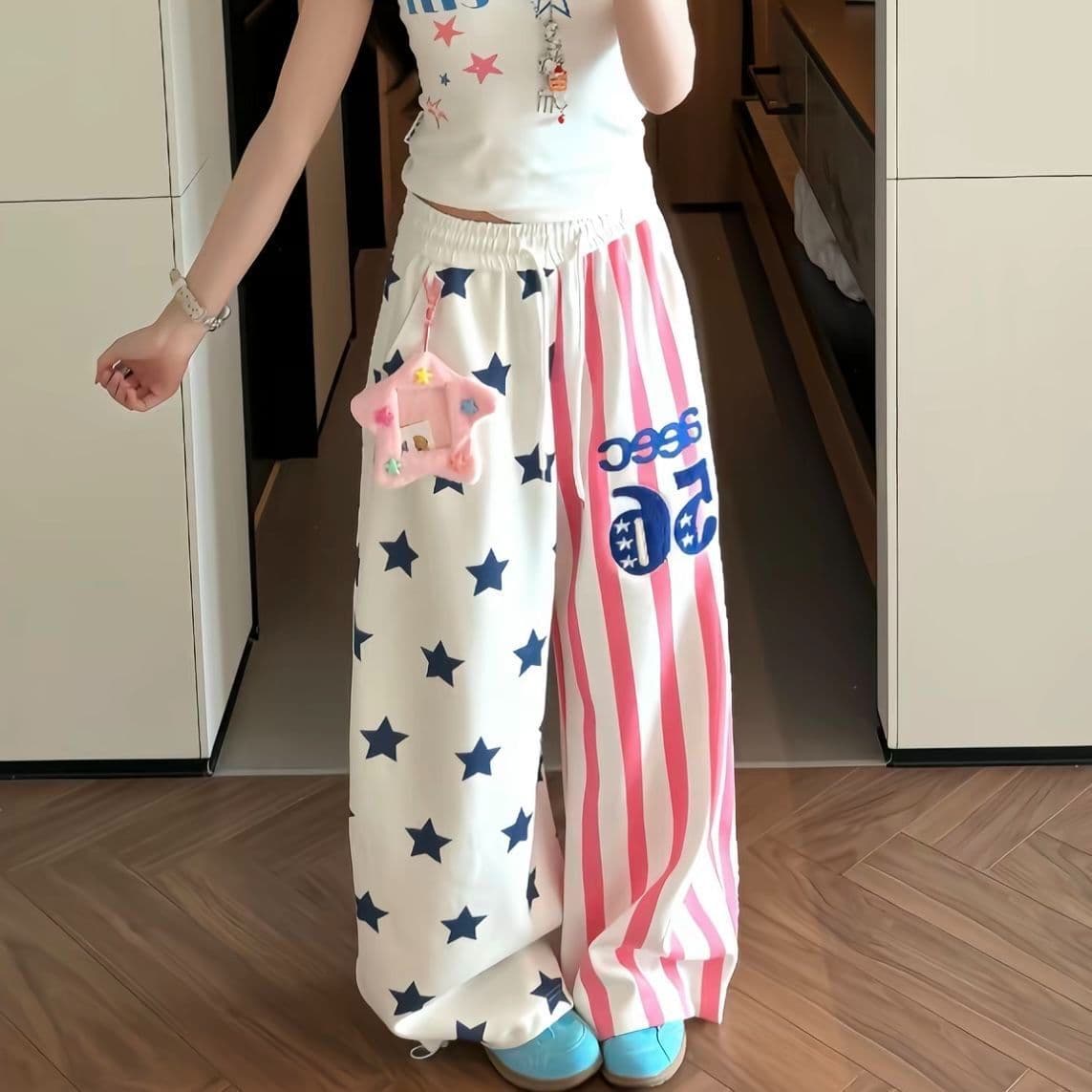 없음 펜던트 후아 면 복합 가을 전체 인쇄 별 루즈핏 와이드 레그 팬츠 다용도 운동 바지 이미지 2