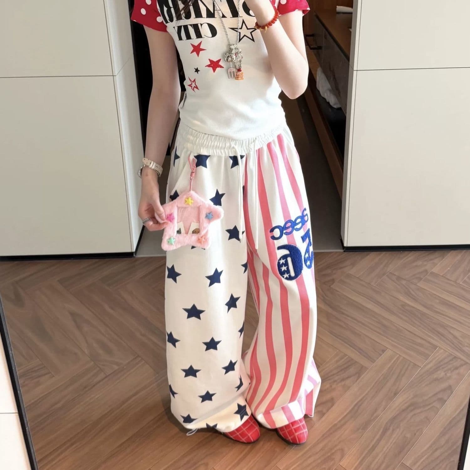 없음 펜던트 후아 면 복합 가을 전체 인쇄 별 루즈핏 와이드 레그 팬츠 다용도 운동 바지 상세 이미지 3