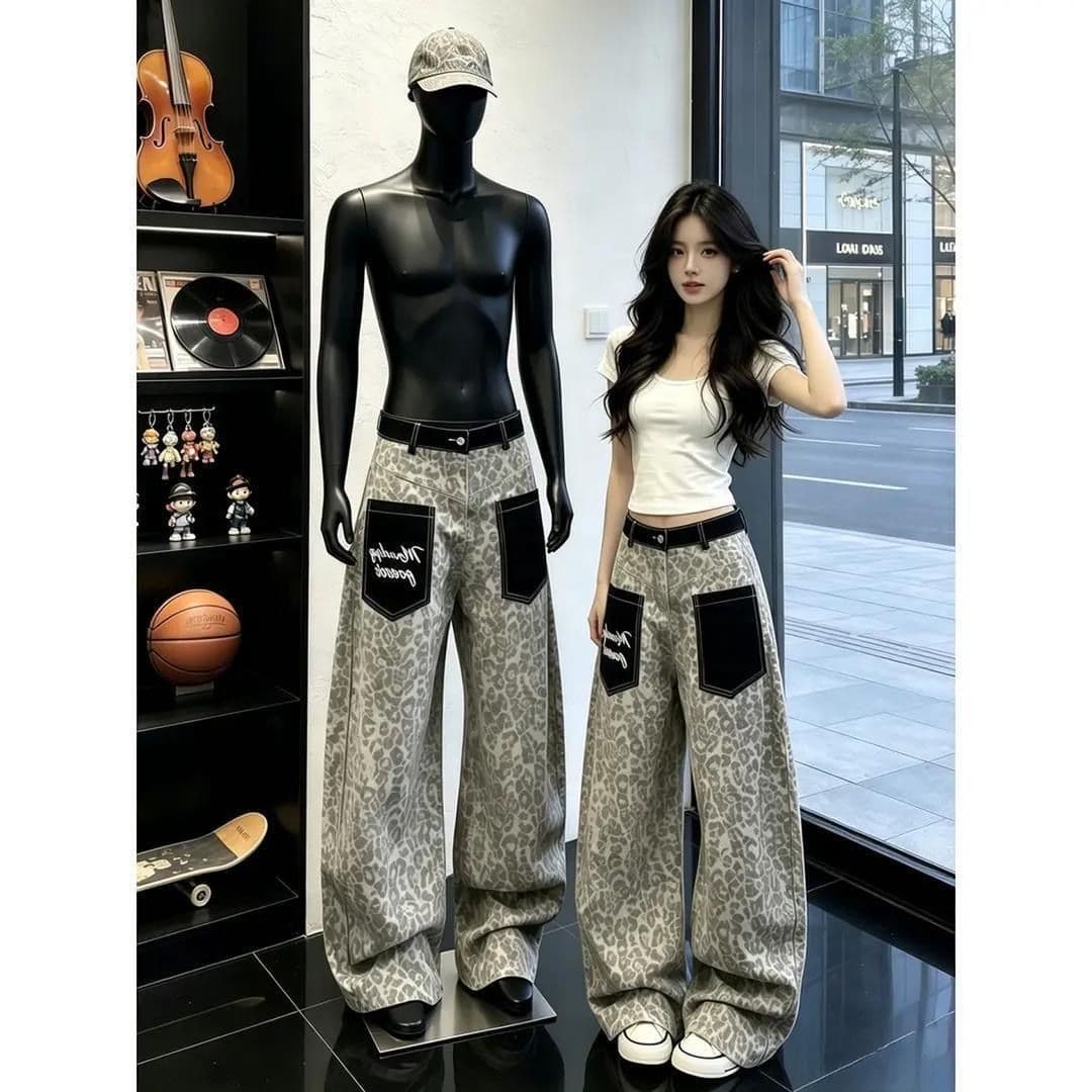아메리칸 레오파드 무늬 패치워크 디자인 센스 로우 웨이스트 넓은 다리 여성 2026 가을 새로운 루즈핏 슬림해 보이는 스트레이트 팬츠 이미지 4