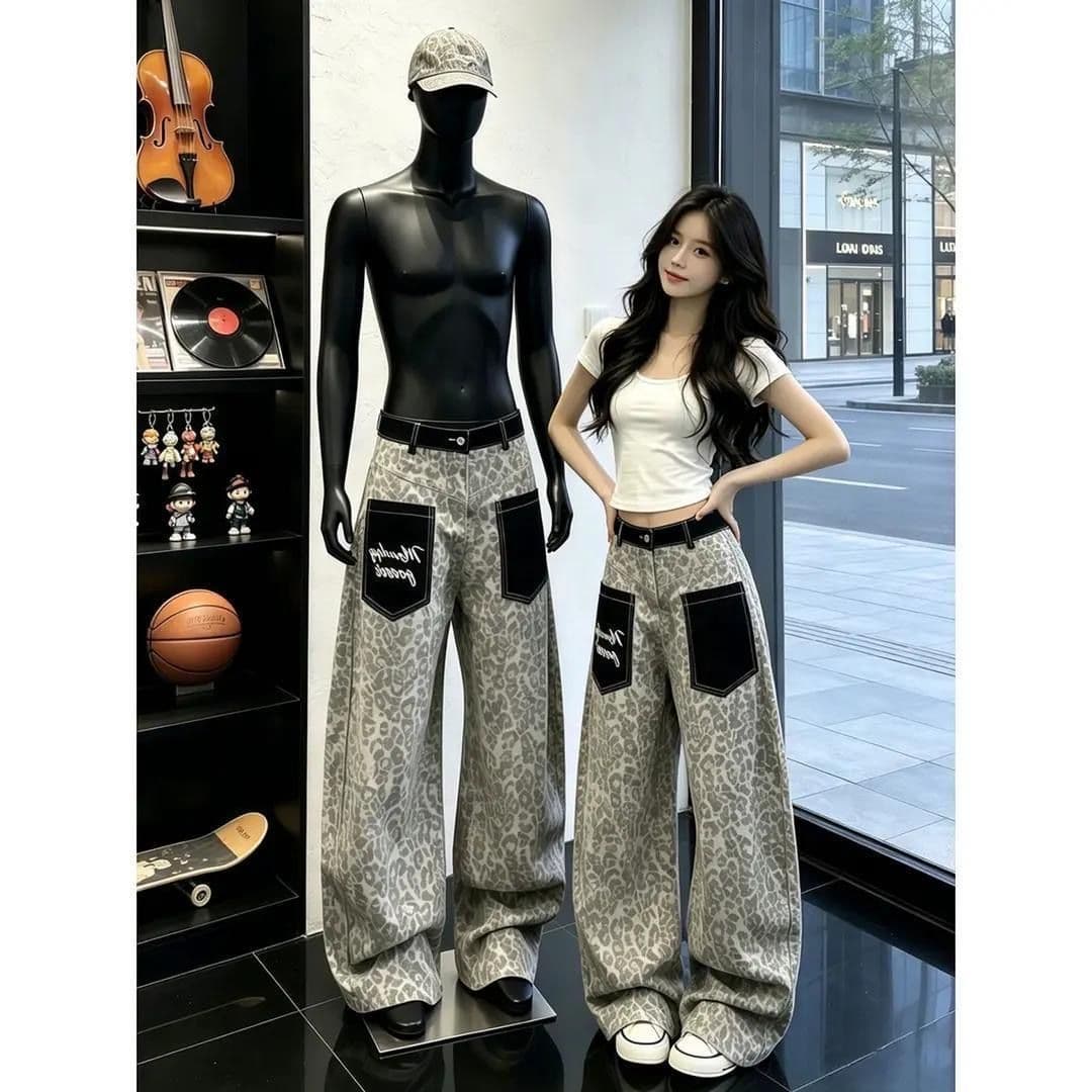 아메리칸 레오파드 무늬 패치워크 디자인 센스 로우 웨이스트 넓은 다리 여성 2026 가을 새로운 루즈핏 슬림해 보이는 스트레이트 팬츠 이미지 2