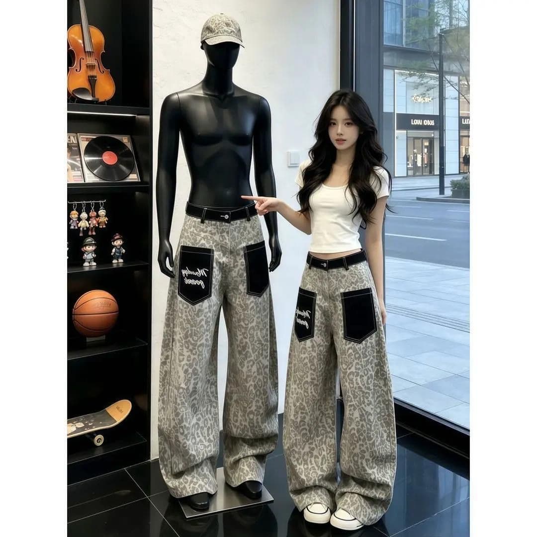 아메리칸 레오파드 무늬 패치워크 디자인 센스 로우 웨이스트 넓은 다리 여성 2026 가을 새로운 루즈핏 슬림해 보이는 스트레이트 팬츠 이미지 3