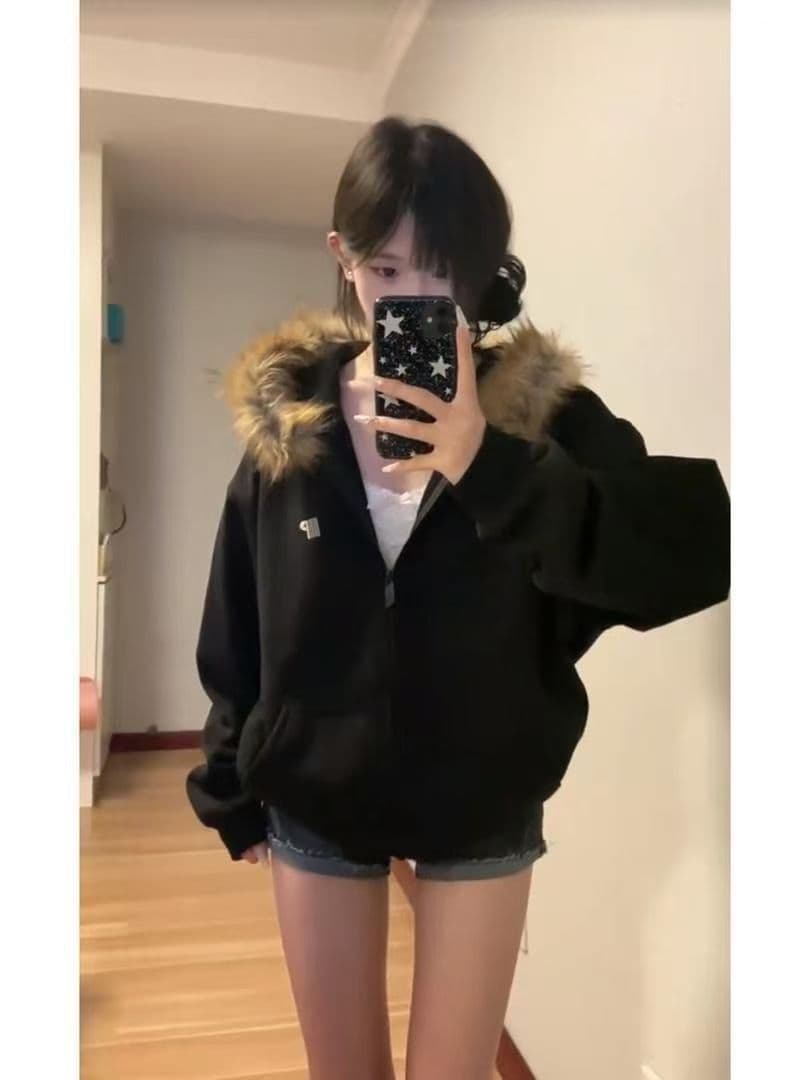 아메리칸 조수 브랜드 모피 칼라 지퍼 오픈 가디건 후드 티 스웨터 여성 가을 겨울철 커플 고급 센스 캐주얼 재킷 트렌디