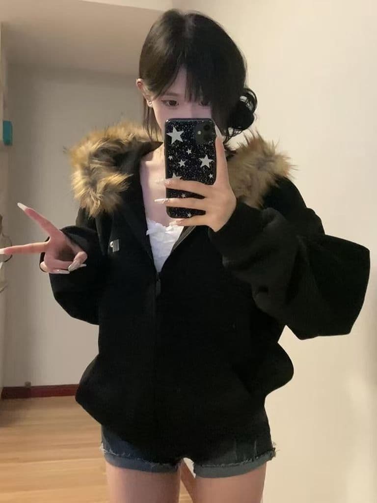 아메리칸 조수 브랜드 모피 칼라 지퍼 오픈 가디건 후드 티 스웨터 여성 가을 겨울철 커플 고급 센스 캐주얼 재킷 트렌디 이미지 3