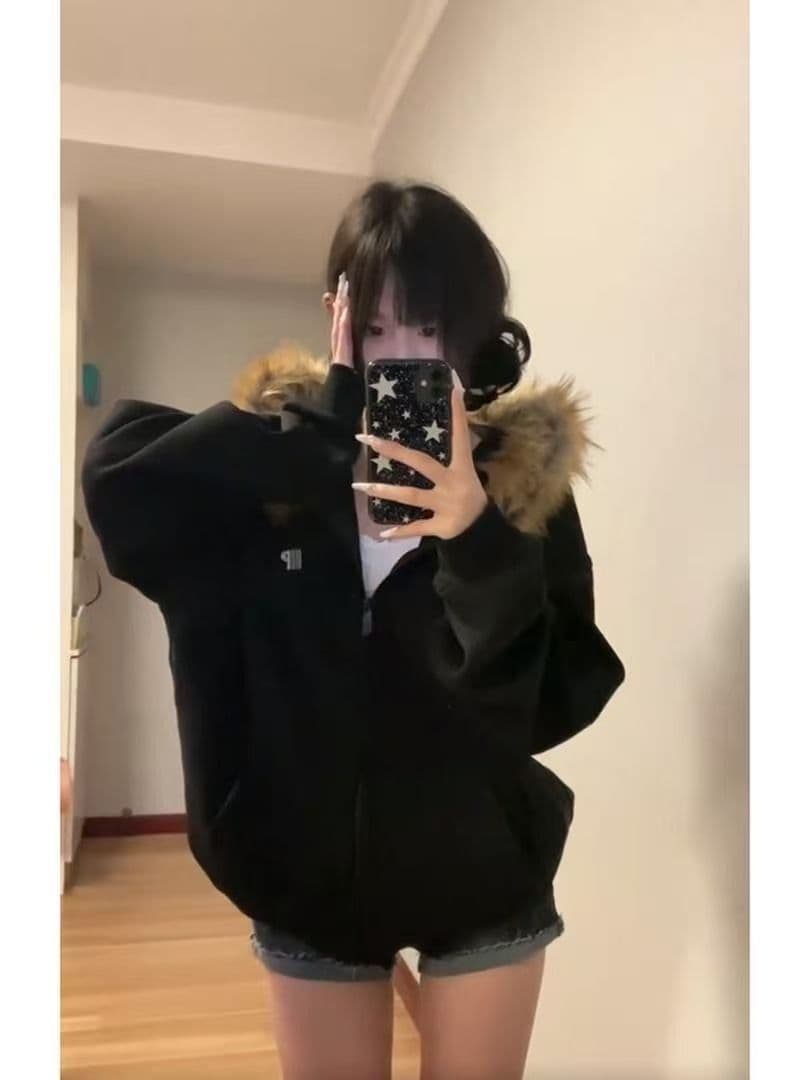 아메리칸 조수 브랜드 모피 칼라 지퍼 오픈 가디건 후드 티 스웨터 여성 가을 겨울철 커플 고급 센스 캐주얼 재킷 트렌디 이미지 2