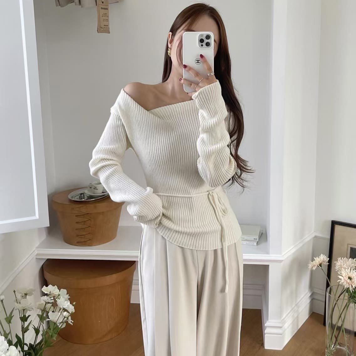 있음 선적 사이즈 업데이트 chic 이른 봄 디자인 센스 V넥 레이스업 긴팔 니트 스웨터 여성 몸매 가꾸기 슬림해 보이는 맨위