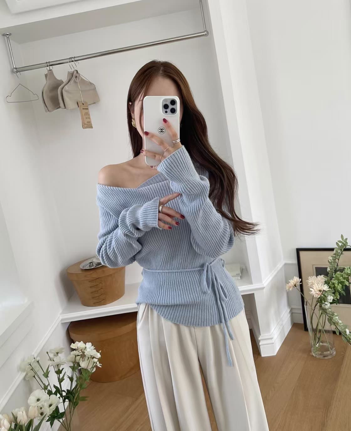 있음 선적 사이즈 업데이트 chic 이른 봄 디자인 센스 V넥 레이스업 긴팔 니트 스웨터 여성 몸매 가꾸기 슬림해 보이는 맨위 상세 이미지 7