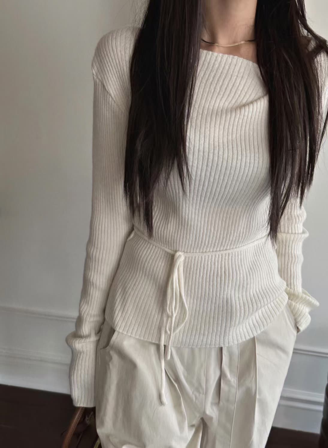 있음 선적 사이즈 업데이트 chic 이른 봄 디자인 센스 V넥 레이스업 긴팔 니트 스웨터 여성 몸매 가꾸기 슬림해 보이는 맨위 상세 이미지 16
