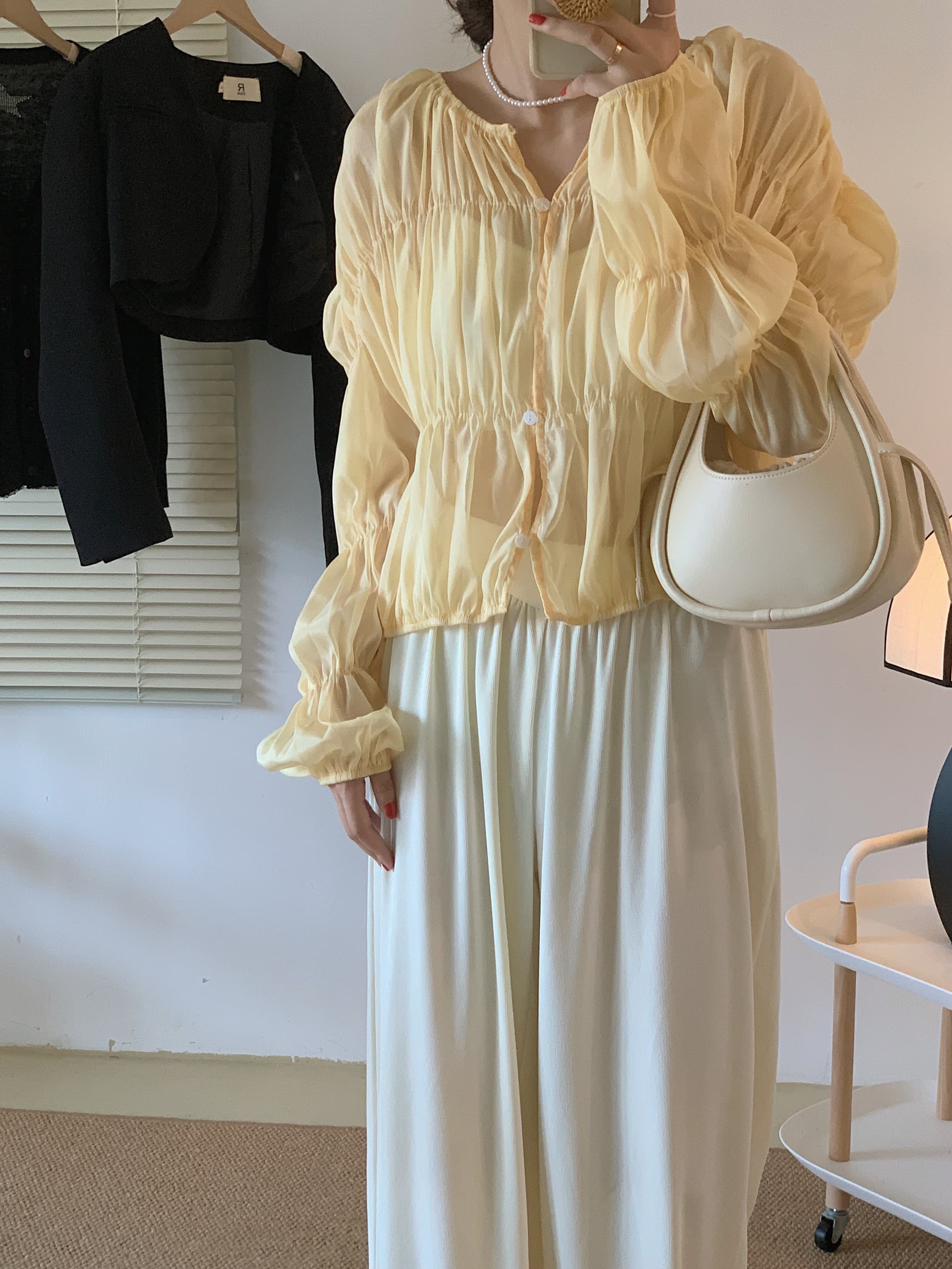 있음 선적 사이즈 업데이트 이른 봄 새로운 디자인 센스 루즈핏 주름 시스루 캐주얼 블라우스 오픈 가디건 맨위 상세 이미지 11