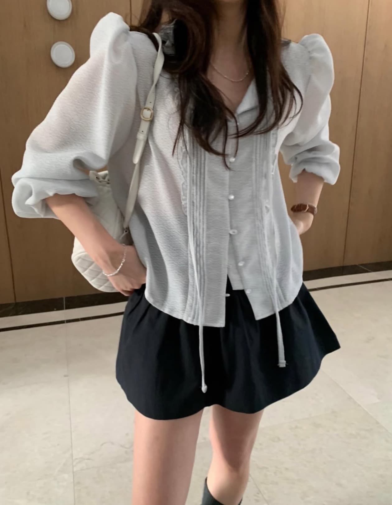 있음 선적 사이즈 업데이트 한국 chic 봄 새로운 리본 부드러운 바람 품격 스택 착용 미니멀리즘 셔츠 이미지 4