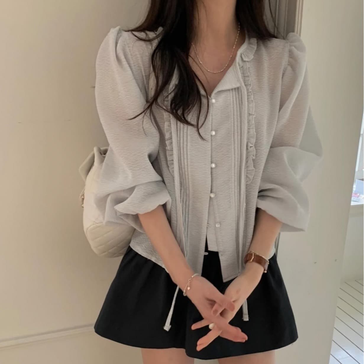 있음 선적 사이즈 업데이트 한국 chic 봄 새로운 리본 부드러운 바람 품격 스택 착용 미니멀리즘 셔츠