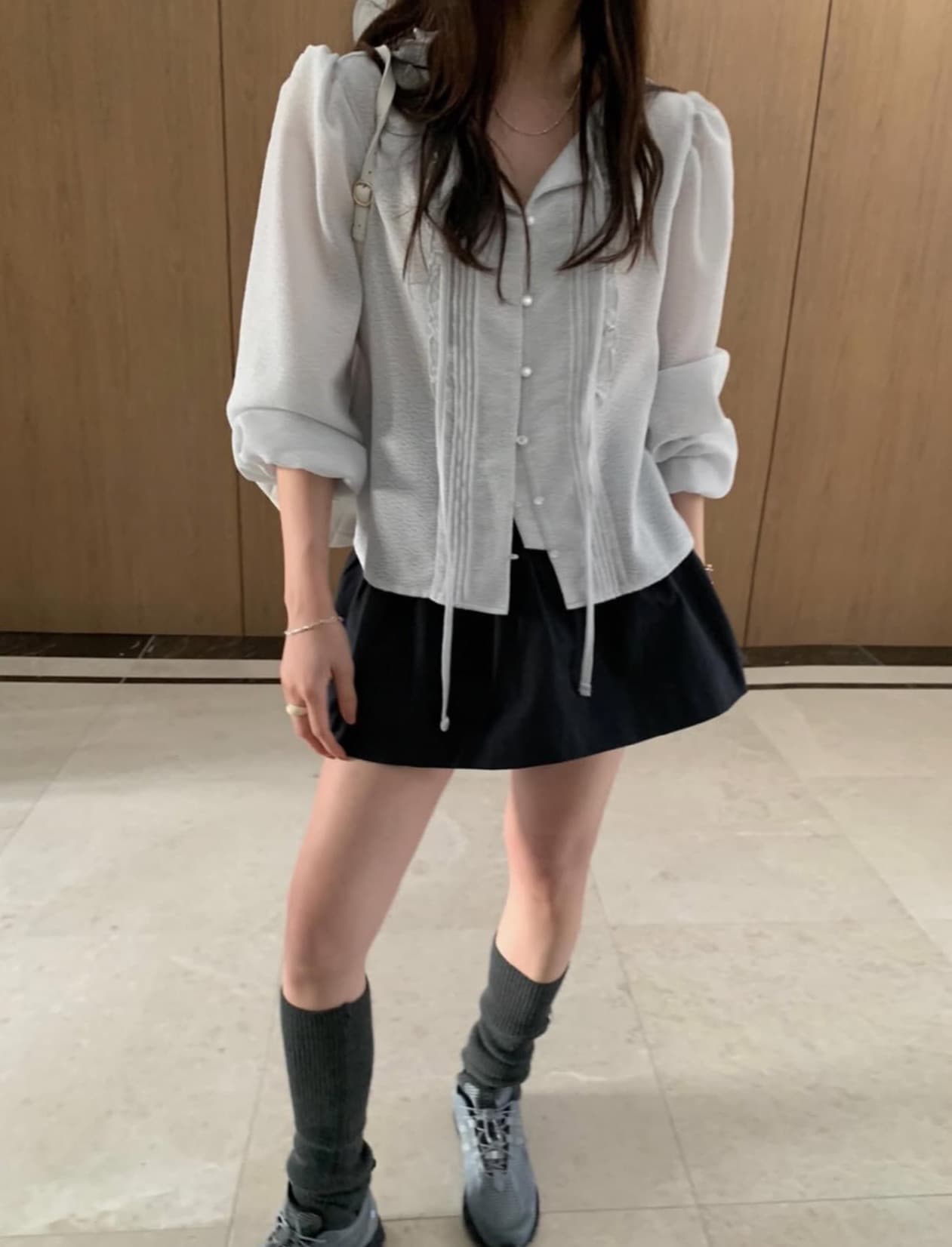 있음 선적 사이즈 업데이트 한국 chic 봄 새로운 리본 부드러운 바람 품격 스택 착용 미니멀리즘 셔츠 상세 이미지 3
