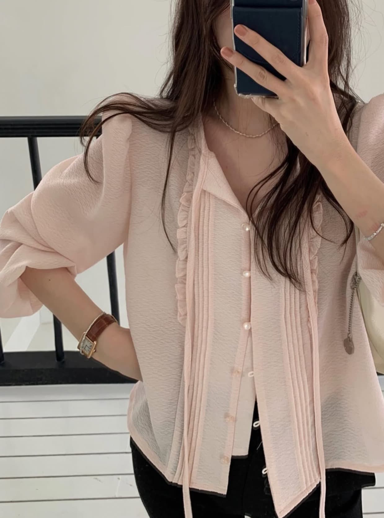있음 선적 사이즈 업데이트 한국 chic 봄 새로운 리본 부드러운 바람 품격 스택 착용 미니멀리즘 셔츠 상세 이미지 8