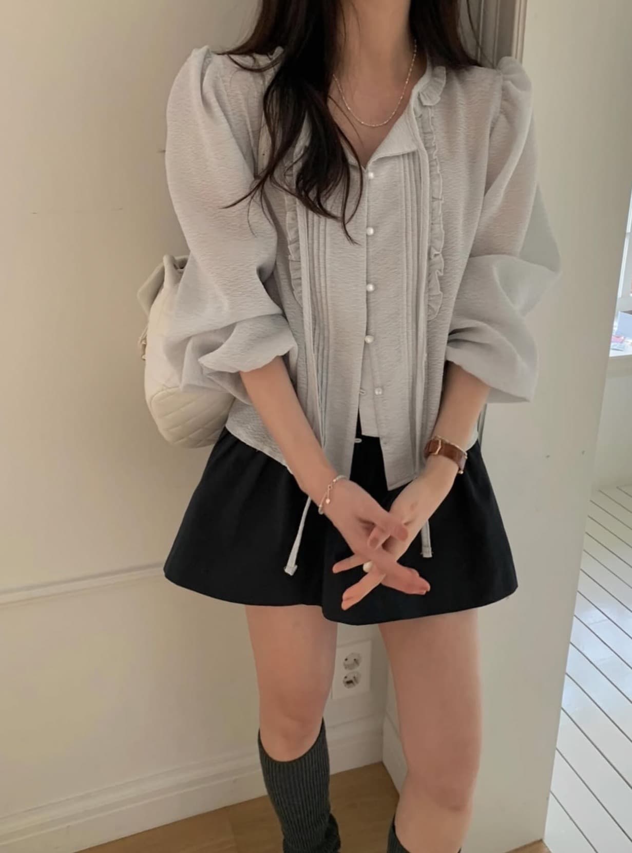 있음 선적 사이즈 업데이트 한국 chic 봄 새로운 리본 부드러운 바람 품격 스택 착용 미니멀리즘 셔츠 상세 이미지 14