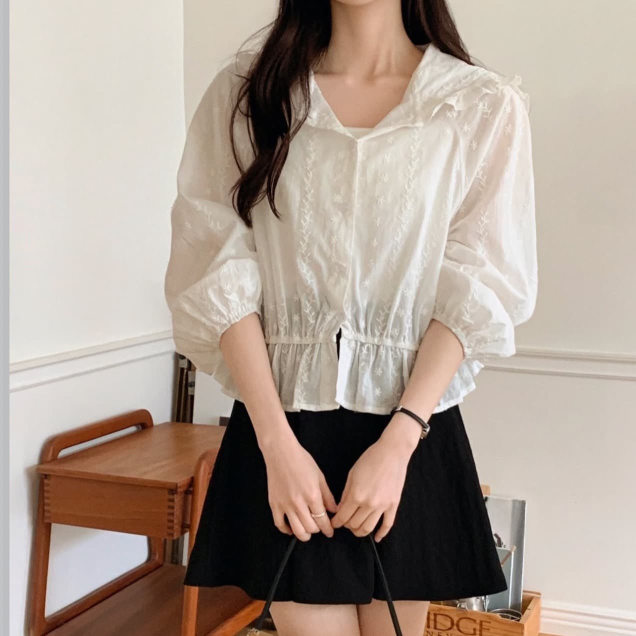 한국 chic 봄 새로운 프랑스식 디자인 센스 밴딩 허리 수축 후드 레이스 레이스 긴 소매 셔츠 이미지 5