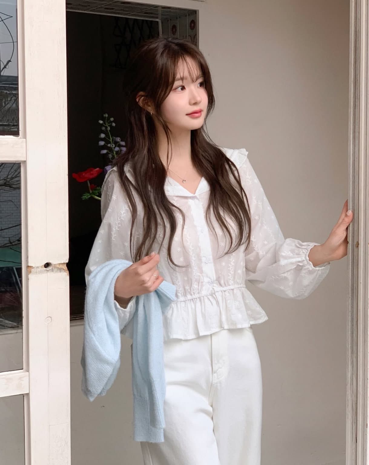 한국 chic 봄 새로운 프랑스식 디자인 센스 밴딩 허리 수축 후드 레이스 레이스 긴 소매 셔츠 상세 이미지 2