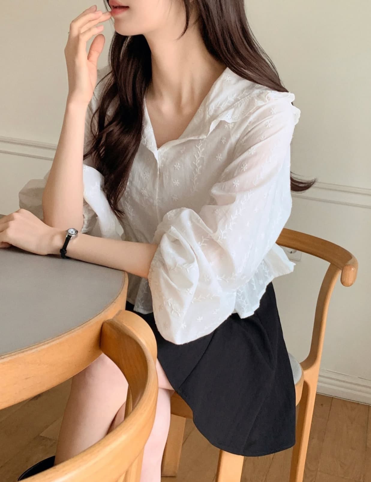 한국 chic 봄 새로운 프랑스식 디자인 센스 밴딩 허리 수축 후드 레이스 레이스 긴 소매 셔츠 상세 이미지 11