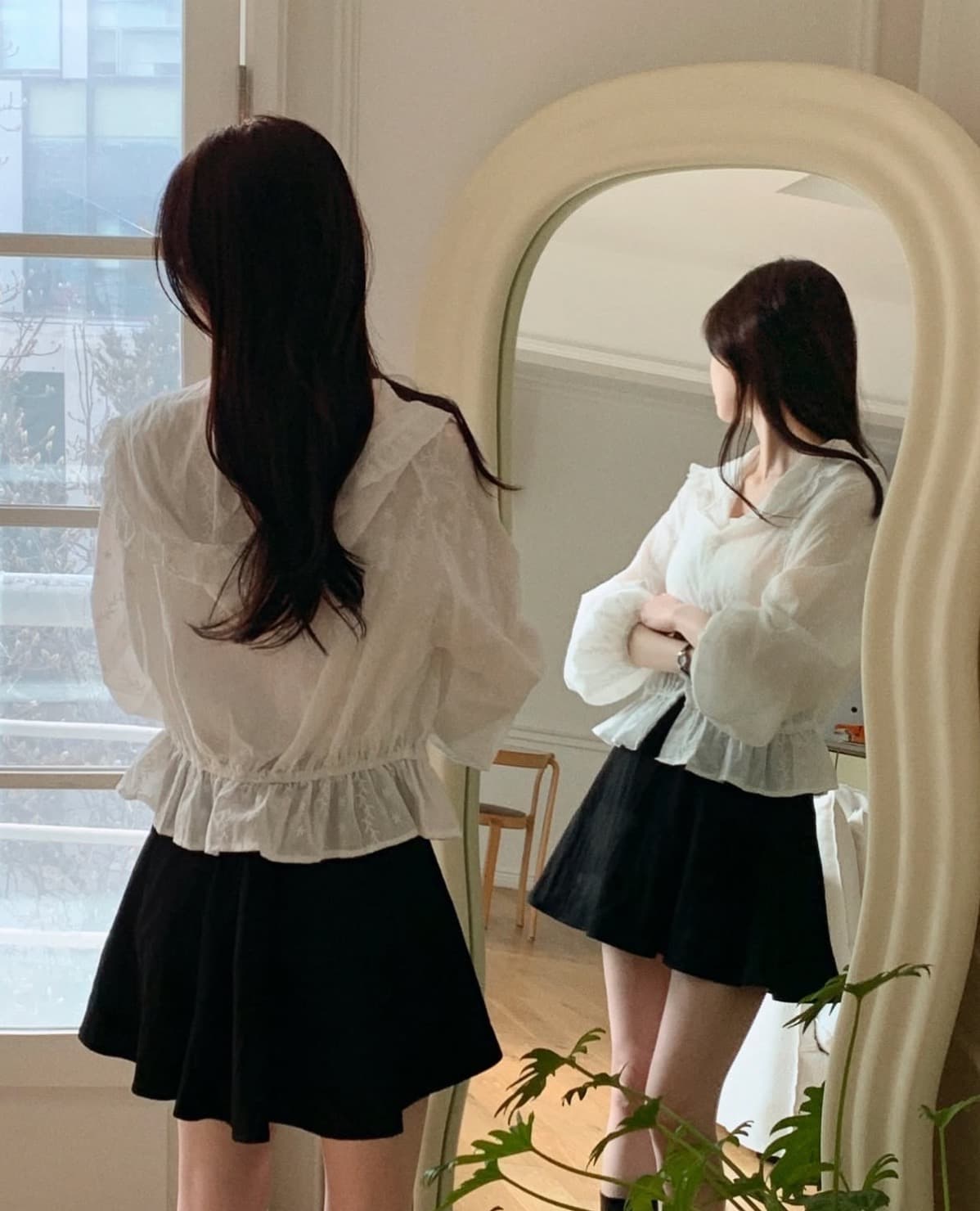 한국 chic 봄 새로운 프랑스식 디자인 센스 밴딩 허리 수축 후드 레이스 레이스 긴 소매 셔츠 상세 이미지 12