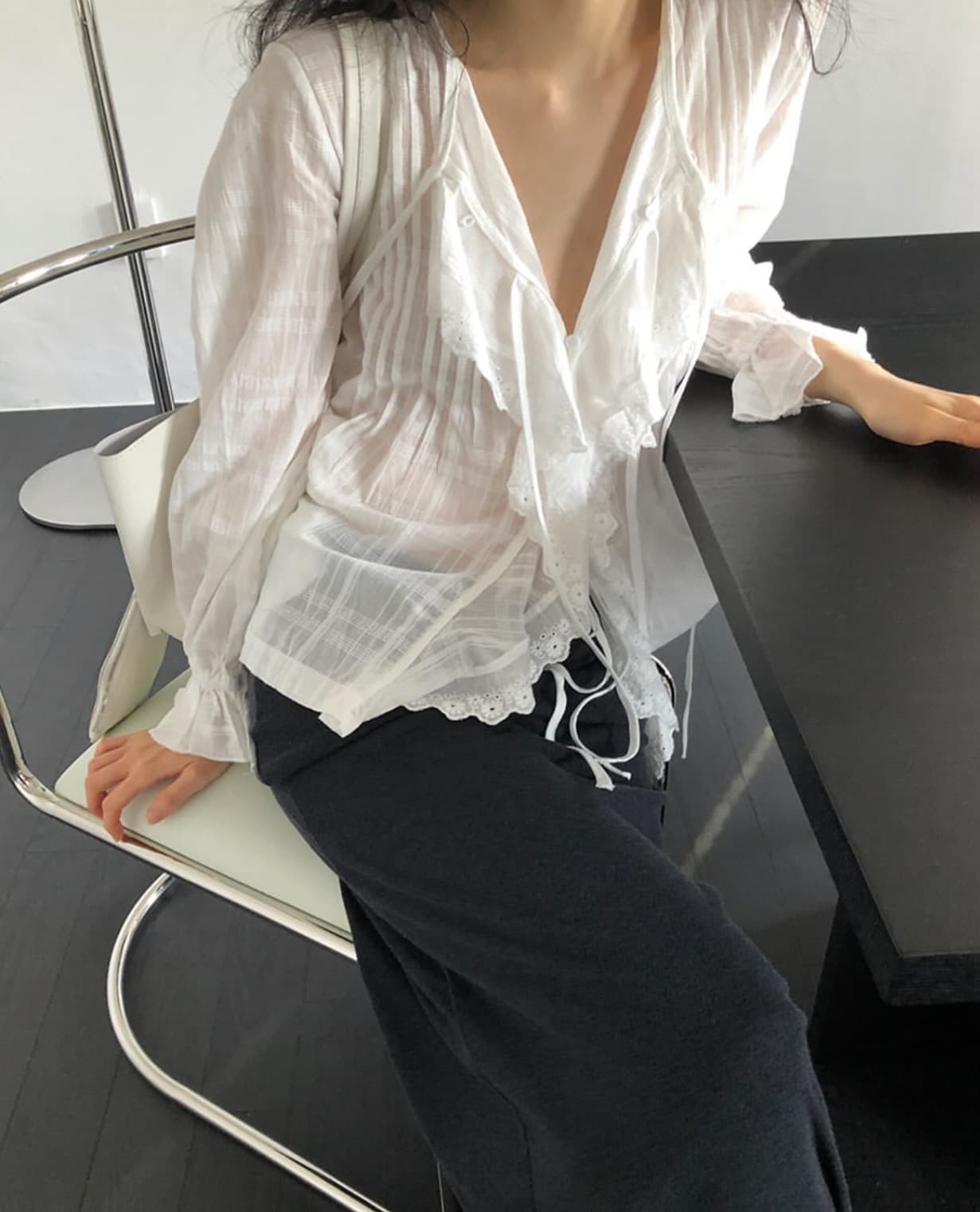 한국 chic 봄 디자인 센스 레이스 레이스업 거품 소매 셔츠 이미지 2