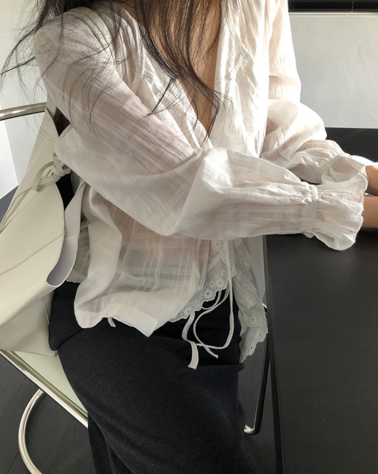 한국 chic 봄 디자인 센스 레이스 레이스업 거품 소매 셔츠 이미지 4