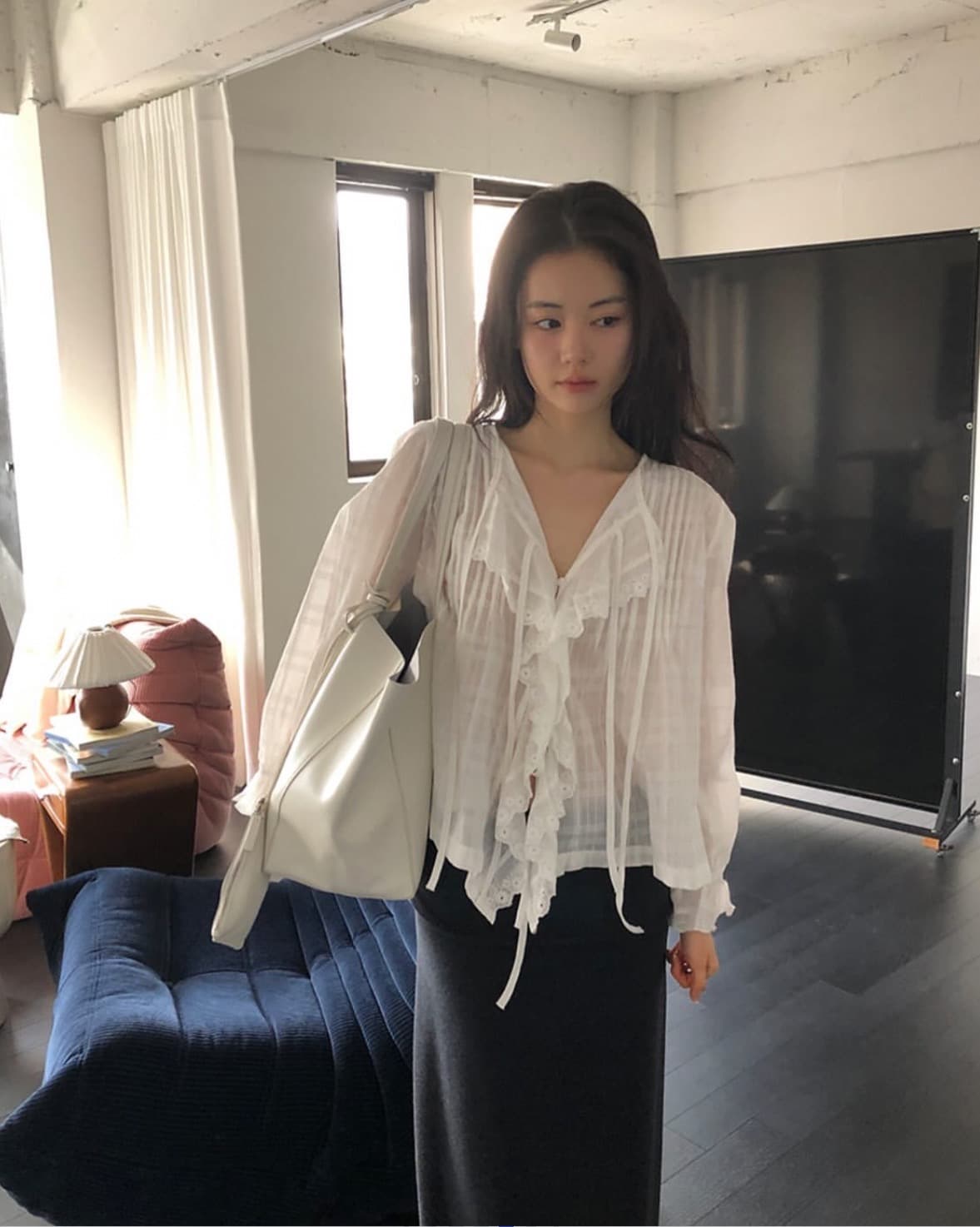 한국 chic 봄 디자인 센스 레이스 레이스업 거품 소매 셔츠 상세 이미지 3