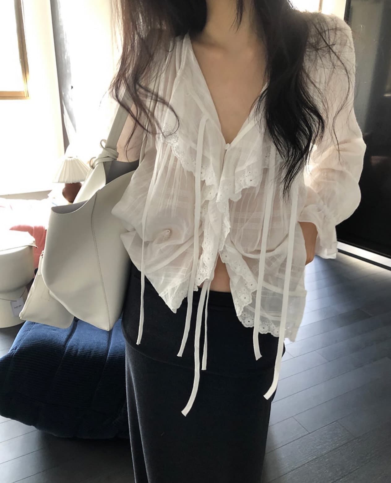 한국 chic 봄 디자인 센스 레이스 레이스업 거품 소매 셔츠 상세 이미지 9