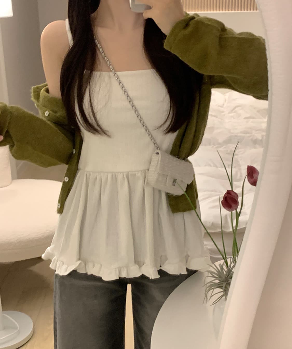 있음 선적 사이즈 업데이트 한국 chic 봄 여름 새로운 한 부서 다용도 프릴 한 단어 캐미솔 상세 이미지 1