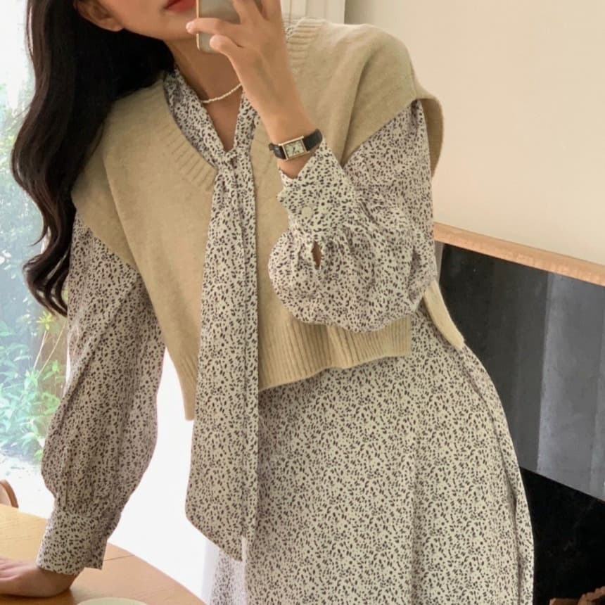 있음 선적 사이즈 업데이트 한국 chic 봄 새로운 품격 슬림해 보이는 행침 목 벨트 쿠이 후아 드레스 이미지 5