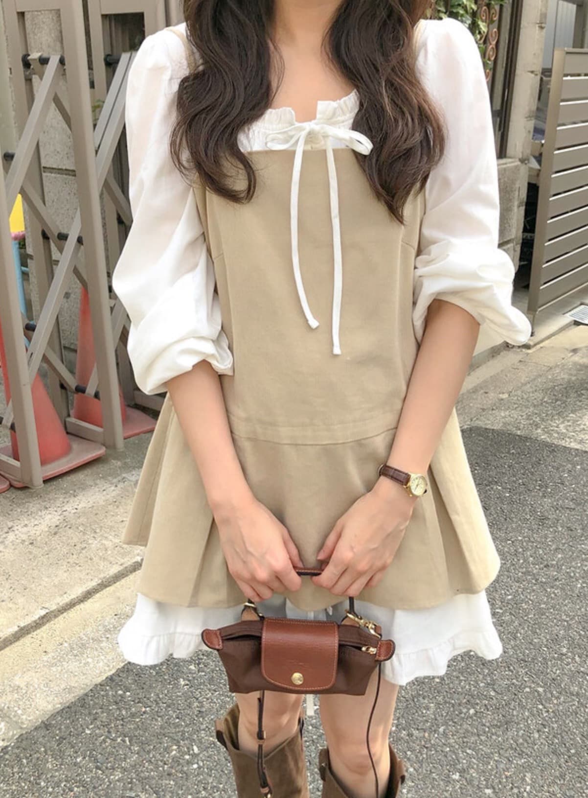 있음 선적 한국 chic 봄 새로운 한 부서 달콤함 뒤로 레이스업 디자인 센스 슬립 드레스 셔츠 상세 이미지 4