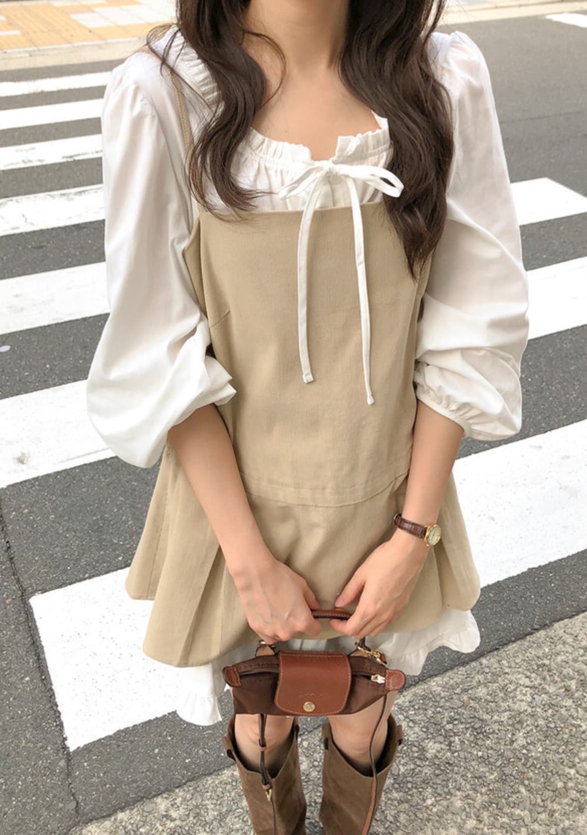 있음 선적 한국 chic 봄 새로운 한 부서 달콤함 뒤로 레이스업 디자인 센스 슬립 드레스 셔츠 상세 이미지 11