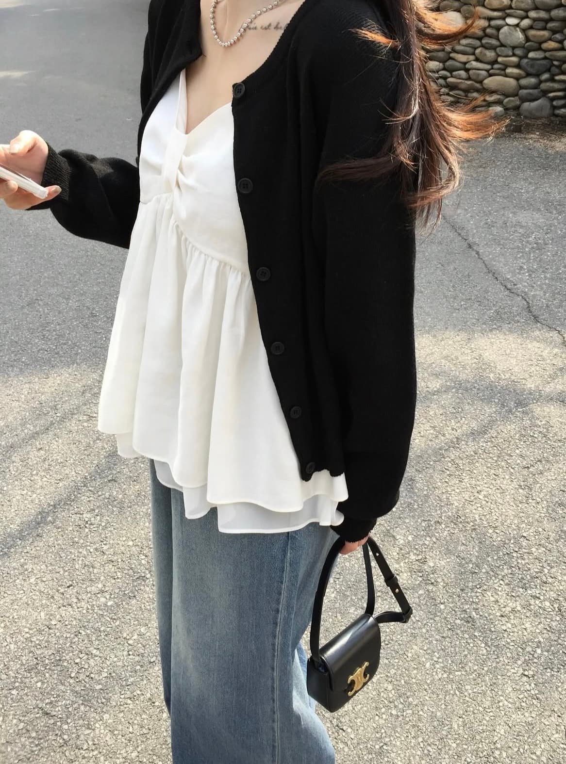 있음 선적 사이즈 업데이트 한국 chic 봄 여름 새로운 달콤함 다용도 이중층 치마 스타일 조끼 캐미솔 상세 이미지 3