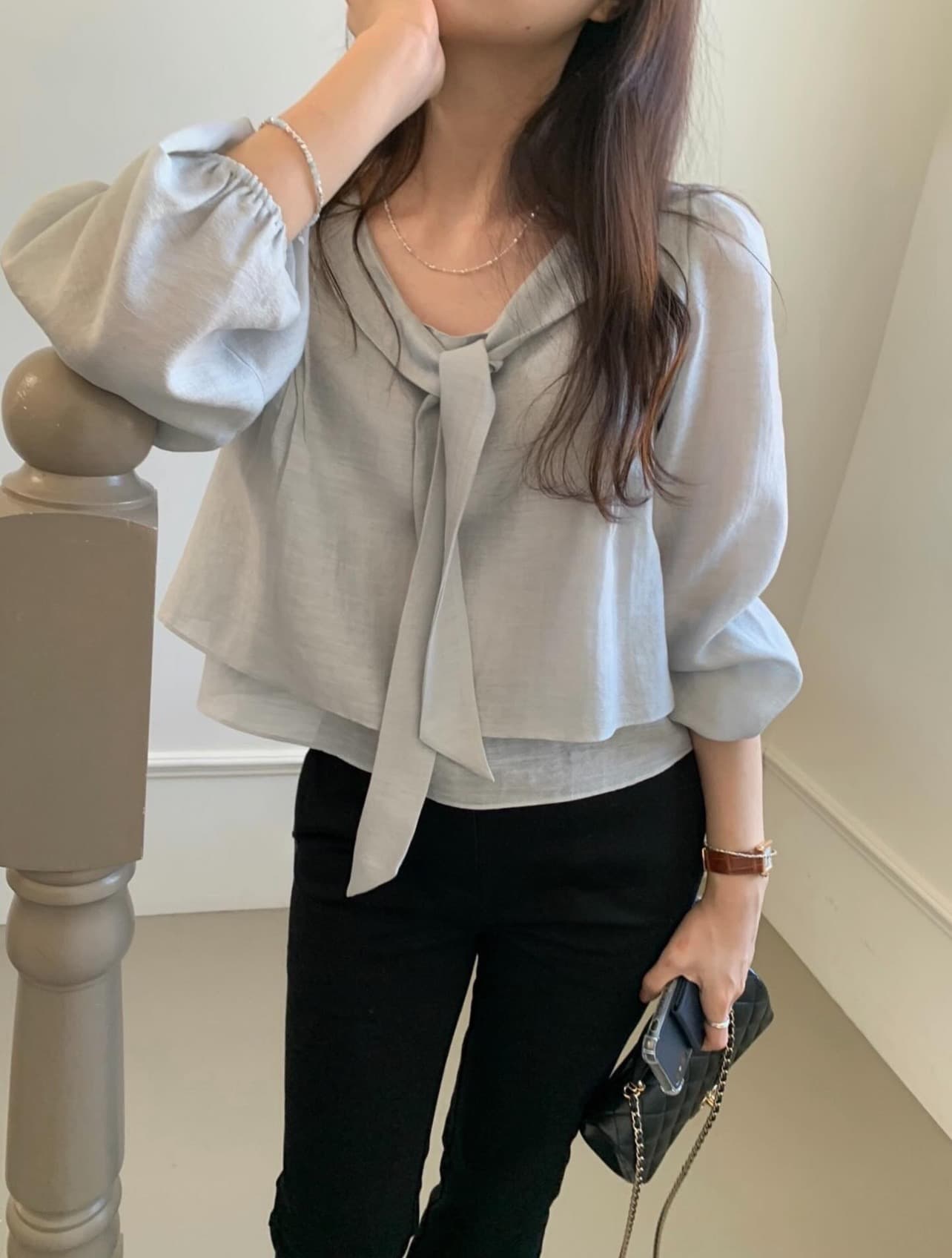 있음 선적 사이즈 업데이트 한국 chic 봄 새로운 리본 품격 다용도 셔츠 상세 이미지 20