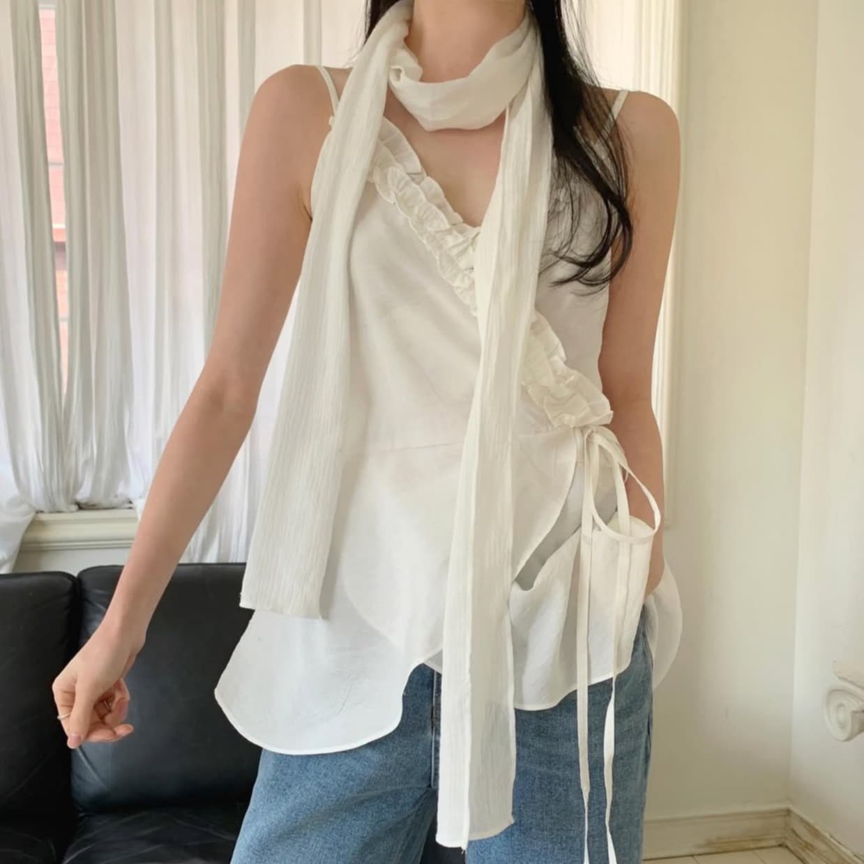 있음 선적 사이즈 업데이트 한국 chic 여름 새로운 목이버섯 레이스 칼라 불규칙 경 사진 레이스업 캐미솔